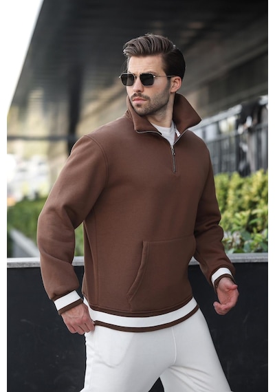 Madmext Kahverengi Fermuarlı Dik Yaka Kanguru Cep Erkek Sweatshirt E7159 Kahverengi