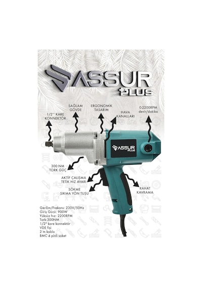 Assur ASR116 Elektrikli 900W 300NM Somun Sıkma Sökme Mavi