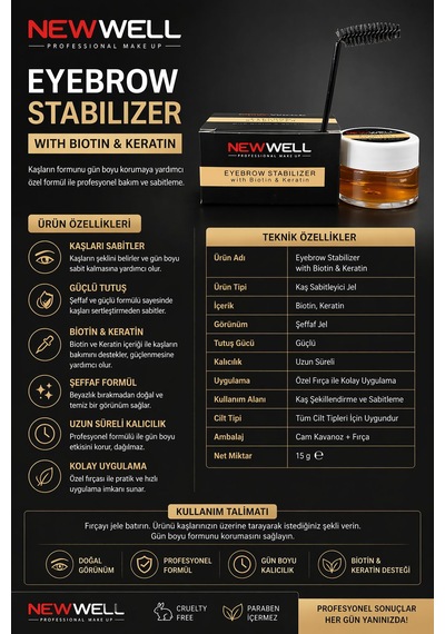New Well Eyebrow Stabilizer Kaş Sabitleyici Jel 15g Biotin & Keratin İçerikli Şeffaf Kaş Sabitleyici Wax