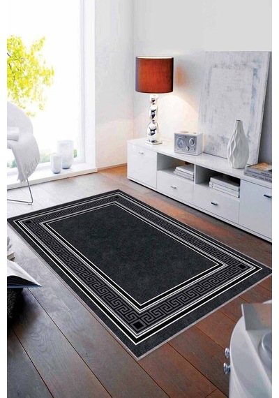 Antrasit Çerçeveli Kaymaz Tabanlı Dekoratif Halı Rv031n11