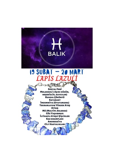 Gümüştel El Sanatları Sertifikalı Burç Taşı Balık Burcu Lapis Lazuli Taşı Bileklik Çok Renkli