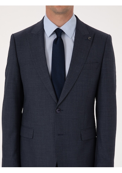 Cacharel Lacivert Slim Fit Yün Karışımlı Mikro Desen Kırlangıç Yaka Takım Elbise