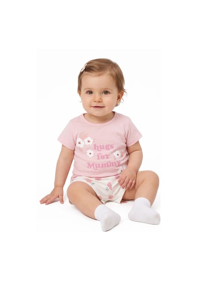 Bebegen Kız Bebek Ekru Pembe Hugs For Mommy Çiçek Baskılı Şortl 2'li Takım