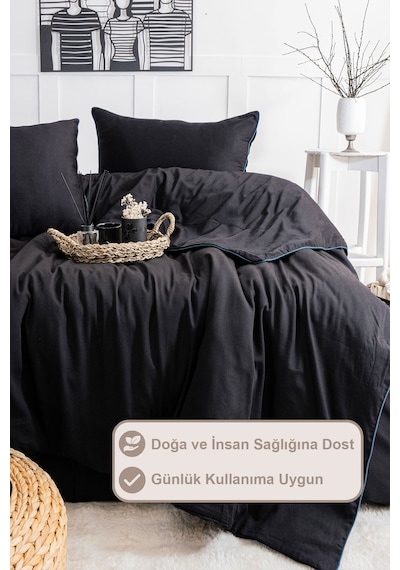 Elart Stark Nevresim Takımı Çift Kişilik %100 Pamuk Saten Biyeli 200x220 Cm Siyah Siyah