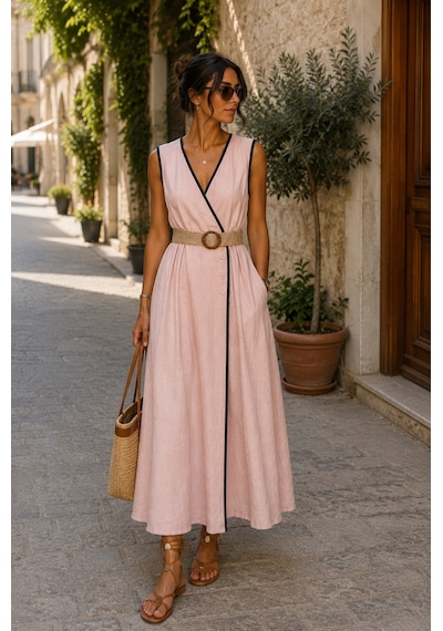 Eren Style İtalyan Belden Dolamalı Anvelop Keten Elbise Boyu:126 Cm'dir. Pudra Eren Style İtalyan Belden Dolamalı Anvelop Keten Elbise Boyu:126 Cm'dir. Pudra