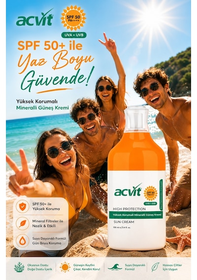 Acvit Yüksek Korumalı ve Mineralli Güneş Kremi SPF50+ 100 ML
