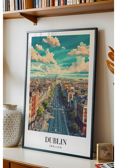 Dublin Ireland Vintage Seyahat Posteri Çerçeveli Tablo - Premium Şehir Elit Duvar Dekoru Siyah