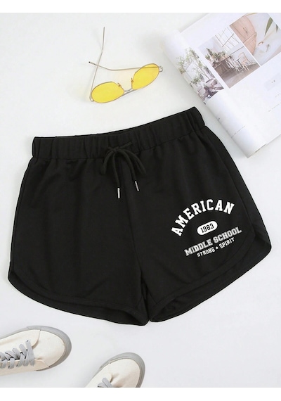 Letter Graphic Drawstring Waist Track Şort Siyah