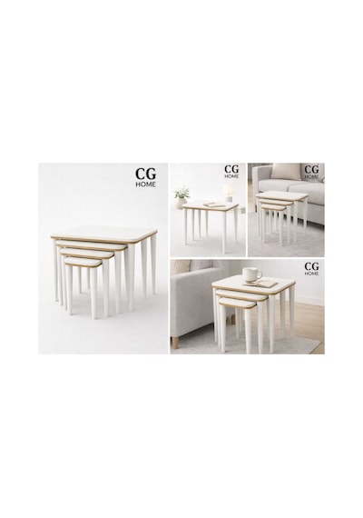 Ant Home Sahra 4 Lü Zigon Sehpa Seti Komple Lake Boyalı Gold Detaylı Modern Yan Sehpa Ekru