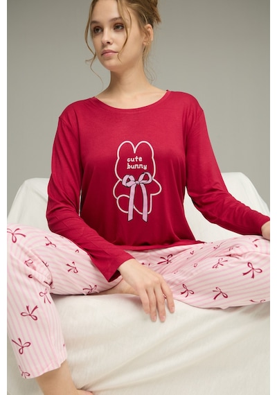 Siyah İnci Pamuklu Bisiklet Yaka Örme Pijama Takım25241136 Vişne