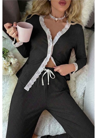Merry See Ribanalı Dantel Detay İki Parça Pijama Takım Siyah