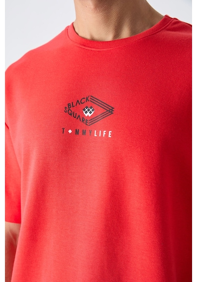 Tommy Life Fiesta Pamuklu Kalın Yumuşak Dokulu Oversize Fit Baskılı Erkek T-shirt - 88325 Kirmizi