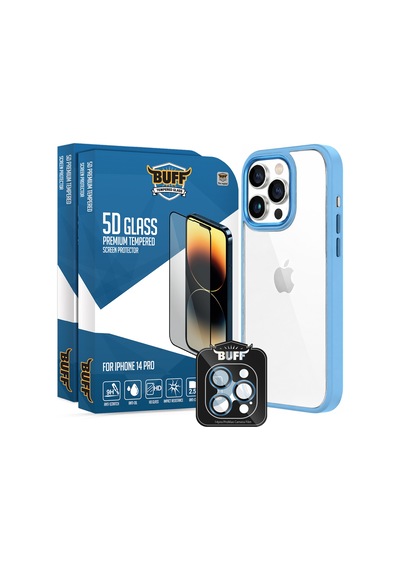 Buff Apple Uyumlu iPhone 14 Pro Avantaj Paket - 2x5d Ekran Koruyucu + Air Bumper Kılıf + Lens Koruyucu Açık Mavi