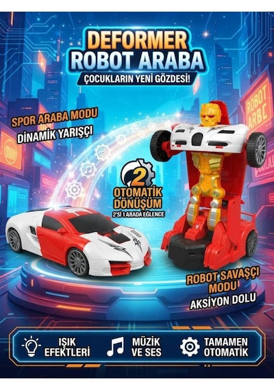 Eğitici Ve Eğlenceli Işıklı Kendinden Robota Dönüşen 15 Cm 2'si 1 Arada Araba Beyaz Oyuncak Araba Çok Renkli