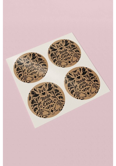 Siyah Kuşlu Çiçekli Made With Love Kraft Sticker 3x3cm St2297 Çok Renkli