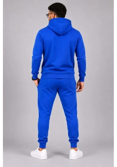 Defymoda Erkek İki İplik Kapüşonlu Kanguru Cepli Sweatshirt Jogger Pantolon Alt Üst Eşofman Takımı -saks Mavi Saks Mavisi