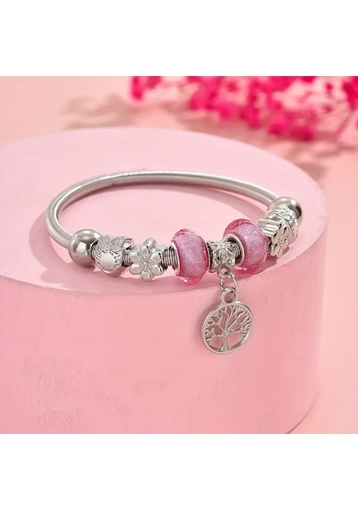 Hayat Ağacı, Pembe Charmlı Bileklik, Ahşap Kutu
