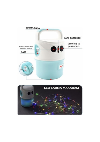 Çok Amaçlı Kamp Lambası Rgb 10 Metre İp Led Aydınlatma Fener Powerbank Kamp Dağ Malzemesi Beyaz