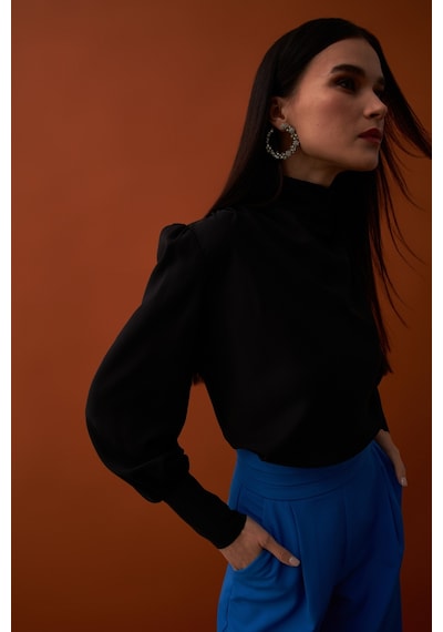 Sateen Drape Detaylı Bluz - Siyah