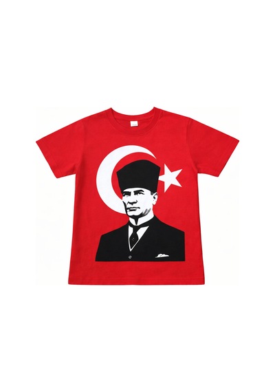 Herşeynota Unisex Çocuk Atatürk Baskılı Tişört Kırmızı 23 Nisan Okul Gösterisi 3-14 Yaş