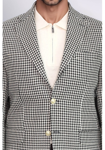 Siyah & Krem Kazayağı Desenli Gold Renk Metal Düğmeli Slim Fit Erkek Blazer Ceket - Wessi Cream Siyah & Krem Kazayağı Desenli Gold Renk Metal Düğmeli Slim Fit Erkek Blazer Ceket - Wessi Cream