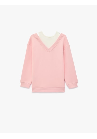 Koton Katmanlı V Yaka Uzun Kollu Pamuklu Şardonlu Sweatshirt Pembe 7wkg10051ak Gül