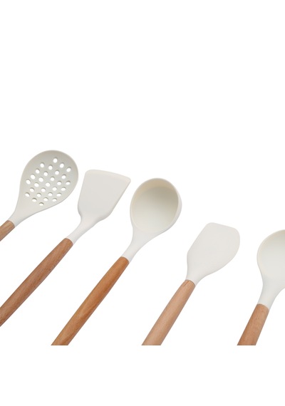 8 Parça Bambu Saplı Silikon Kepçe Spatula Mutfak Seti Krem
