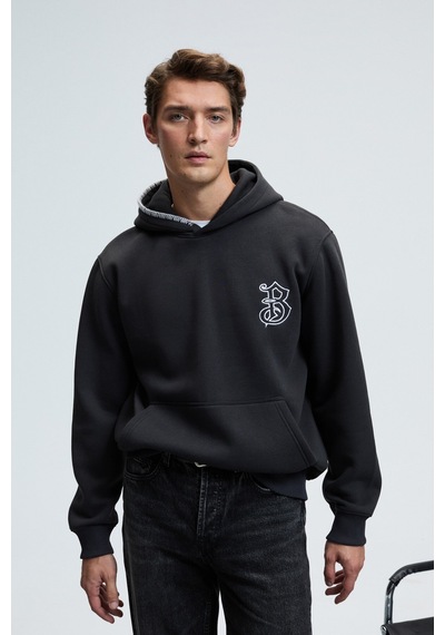 Grimelange GROVER Erkek Kapüşonlu Süs Dikiş Detaylı Göğsü Nakışlı Kanguru Cepli Antrasit Sweatshirt