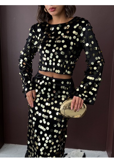Verymoda Pullu Kadife Bluz Siyah Gold