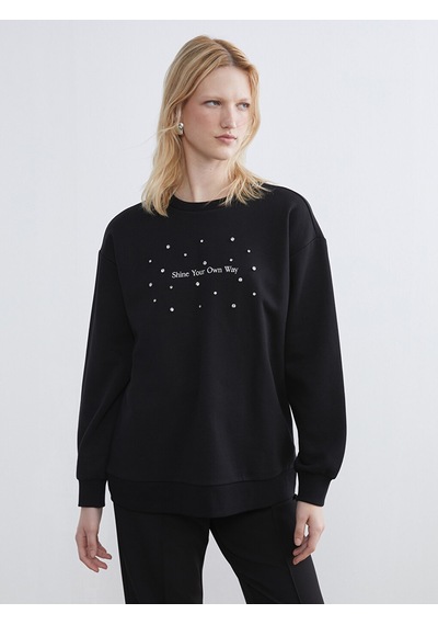 Lcwaıkıkı Maternity Siyah Bisiklet Yaka Taşlı Kadın Kalın Sweatshirt