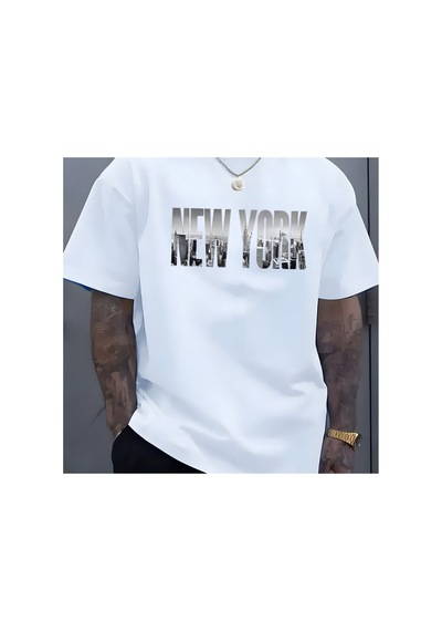 Caddemia Yaz Gündelik Bol Kesim Büyük Beden New York City Desen Baskılı Yuvarla Beyaz 2XL