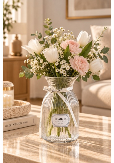 Porsima 04288 Dikey Çizgili Cam Vazo 1400 Ml Kurdele Detaylı Şeffaf Vazosu 19.5 Cm