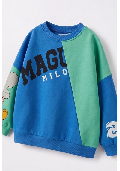 Çocuk Magu Ve Milo Baskılı Mavi Yeşil Sweatshirt Ve Eşofman Altı Takımı Çok Renkli