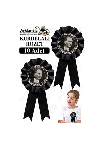 10 Kasım Atatürk Kurdelalı Rozet 10 Adet Siyah Yaka Rozeti Çocuk Bayram Etkinlik 15 Cm Kokart