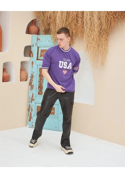 Nakış İşlemeli Ribanalı Oversize T-shirt - Mor Çok Renkli