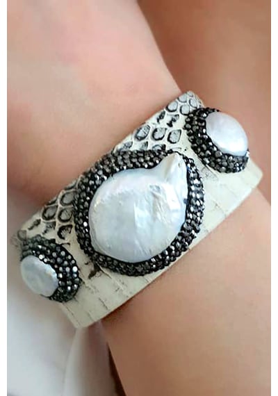 Deri Swarovski Barok İncili Tasarım Bileklik