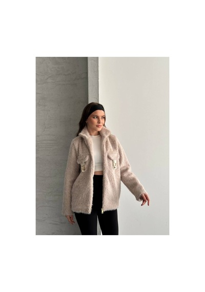 Asur Boutique Asur Butik Kadın Keçeli Kumaş Tokalı Fermuarlı Ceket Bej