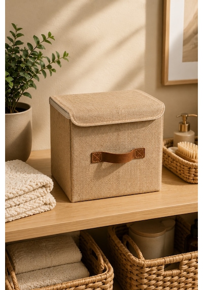Kapaklı Jüt Saklama Kutusu 25x25x25 Cm Katlanabilir Dolap Düzenleyici Raf Organizer Doğal