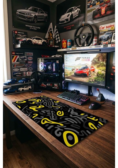Sarı Gri Siyah Doodle Desen 40x90 Cm Oyuncu Mousepad Kaymaz Taban Büyük Boy Mousepad