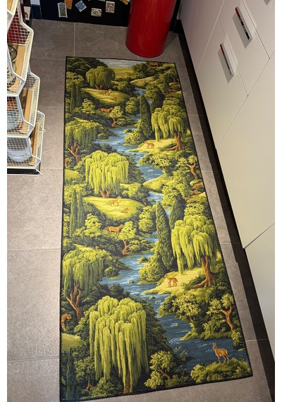 Rafel 903 Orman Temalı Botanik Desenli Halı Yıkanabilir İnce Dokuma Yolluk Salon Oturma Odası Halısı Yeşil
