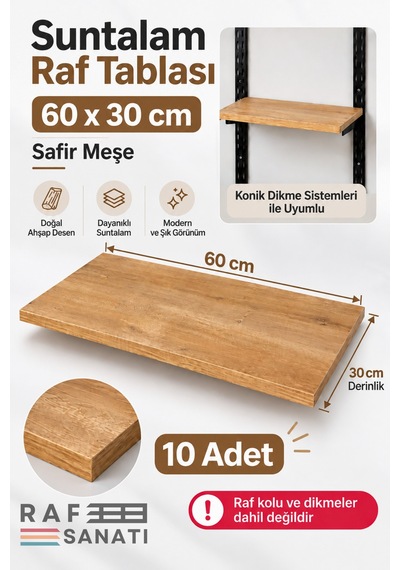 10 Adet - Suntalam Raf Tablası 60x30 Cm Safir Meşe Ahşap Raf Konik Dikme Sistemleri İle Uyumlu