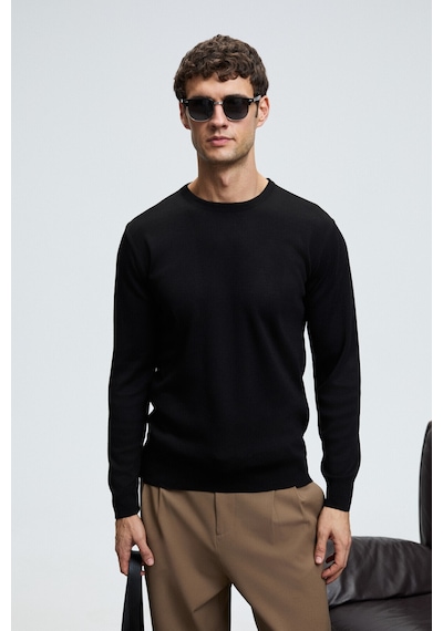 Grımelange Varex Erkek Yuvarlak Yaka Basic Slim Fit Triko Siyah Kazak Siyah