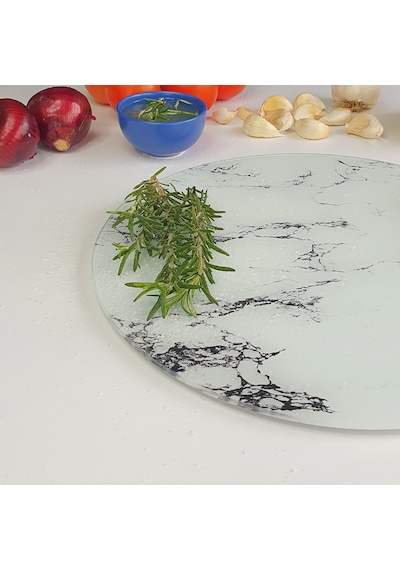 Decorita Beyaz Mermer Görünümlü Cam Kesme Tahtası Çap 32 CM