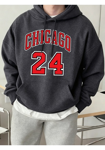 Startmore Startmorechicago Number 24 Letter Print Erkekler Rahat Moda Kapüşonlular Tüm Maç Sonbahar Tişörtü Pola Antrasit