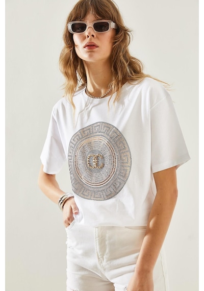 Shade Kadın Bisiklet Yaka Taş Detaylı Basic Penye T-shirt 60251238 - Beyaz