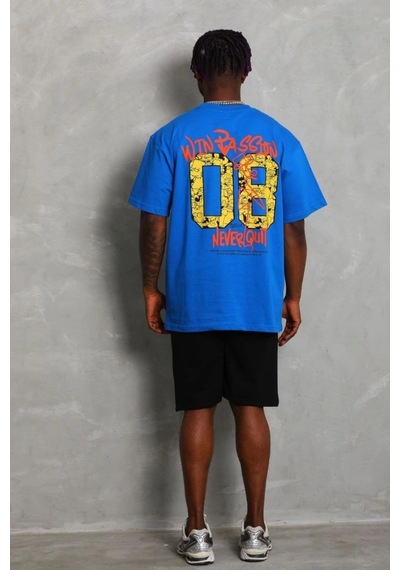 Erkek Baskılı Tişört Kısa Kol Bisiklet Yaka Oversize T-shirt - Mavi