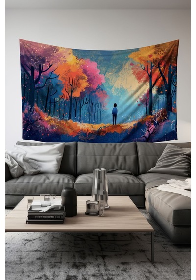 Büyülü Orman Desenli Duvar Halısı Duvar Örtüsü Tapestry Süet Dokulu Kumaş