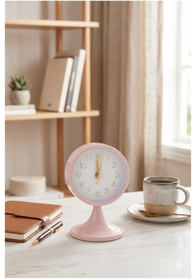 Pembe Retro Dekoratif Masa Saati 13 Cm Şık Başucu Alarm Saati Ofis Ev Hediyelik Modern Vintage Saat
