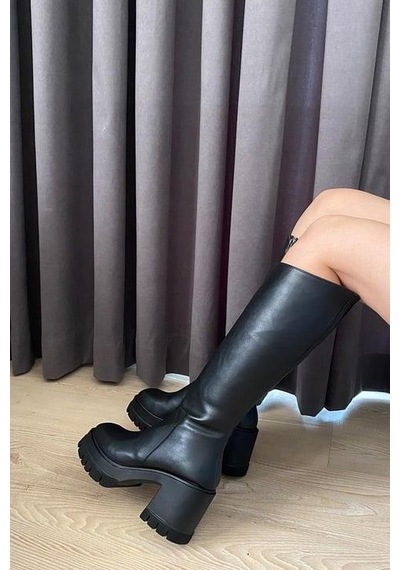 Asmi Shoes Kadın Fenni Siyah Deri 8 Cm Topuklu Yandan Fermuarlı Çizme Siyah Siyah