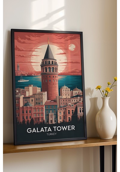 İstanbul Galata Kulesi Tablo - Retro Travel Poster - Şehir Serisi Duvar Dekoru - Çerçeveli Poster Siyah